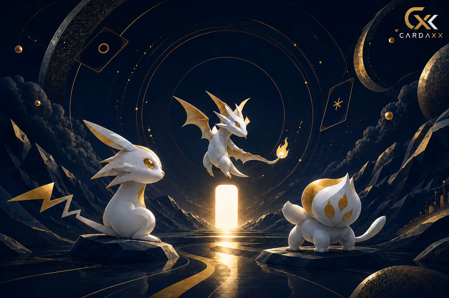 Cardaxx-univers med Pokémon-figurer, samlekort og gulddetaljer i mørkt tema